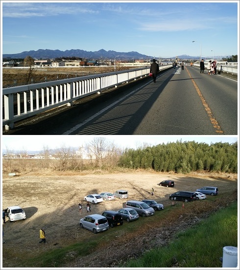 碓氷川に架かる橋と閑散とした小林山駐車場