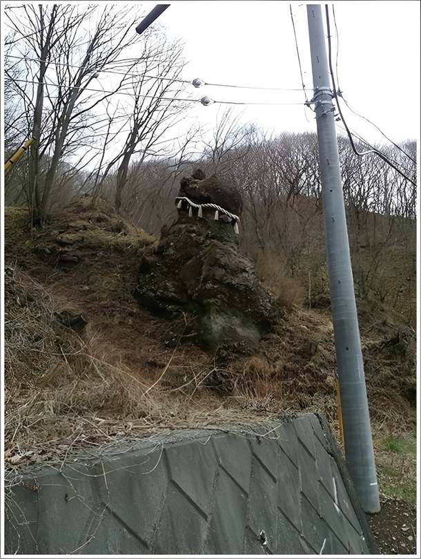 道路側から見た男根岩の写真