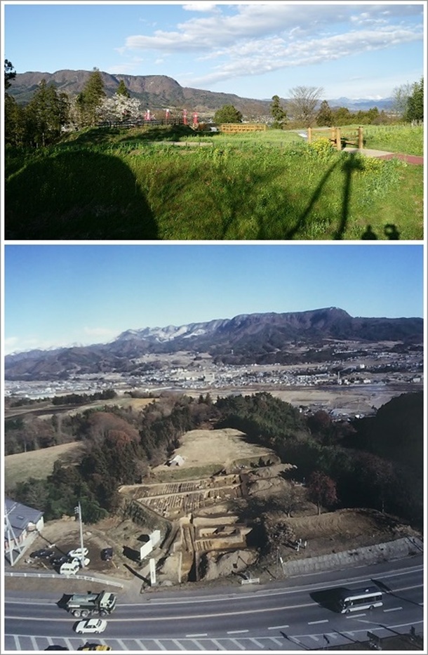 三峰山と名胡桃城址跡、空撮画像