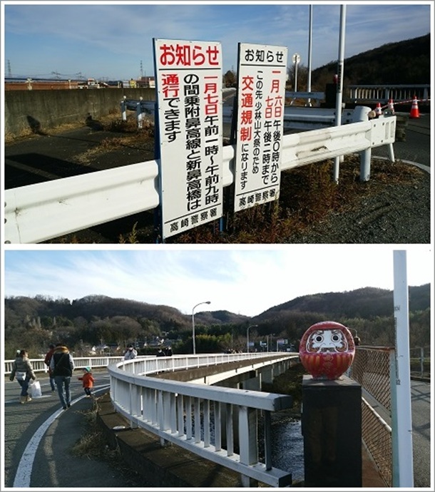 小林山七草大祭の看板と碓氷川の橋