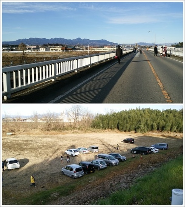 碓氷川に架かる橋と閑散とした小林山駐車場