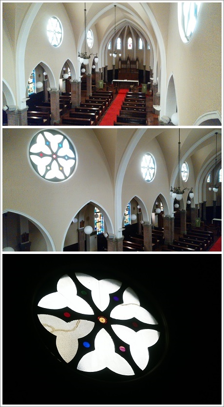 二階から見た前橋カトリック教会のステンドグラス