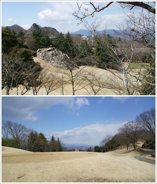 名物９番ホールの岩の上におばさんがいる光景
