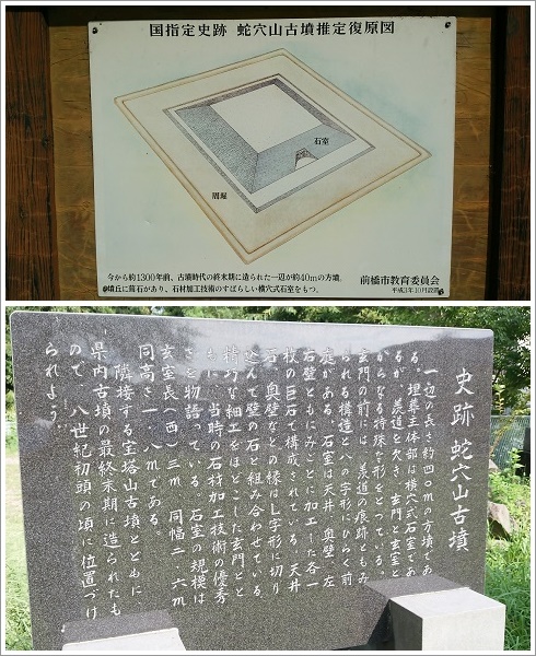 国指定史跡蛇穴山古墳の復原図と案内石碑